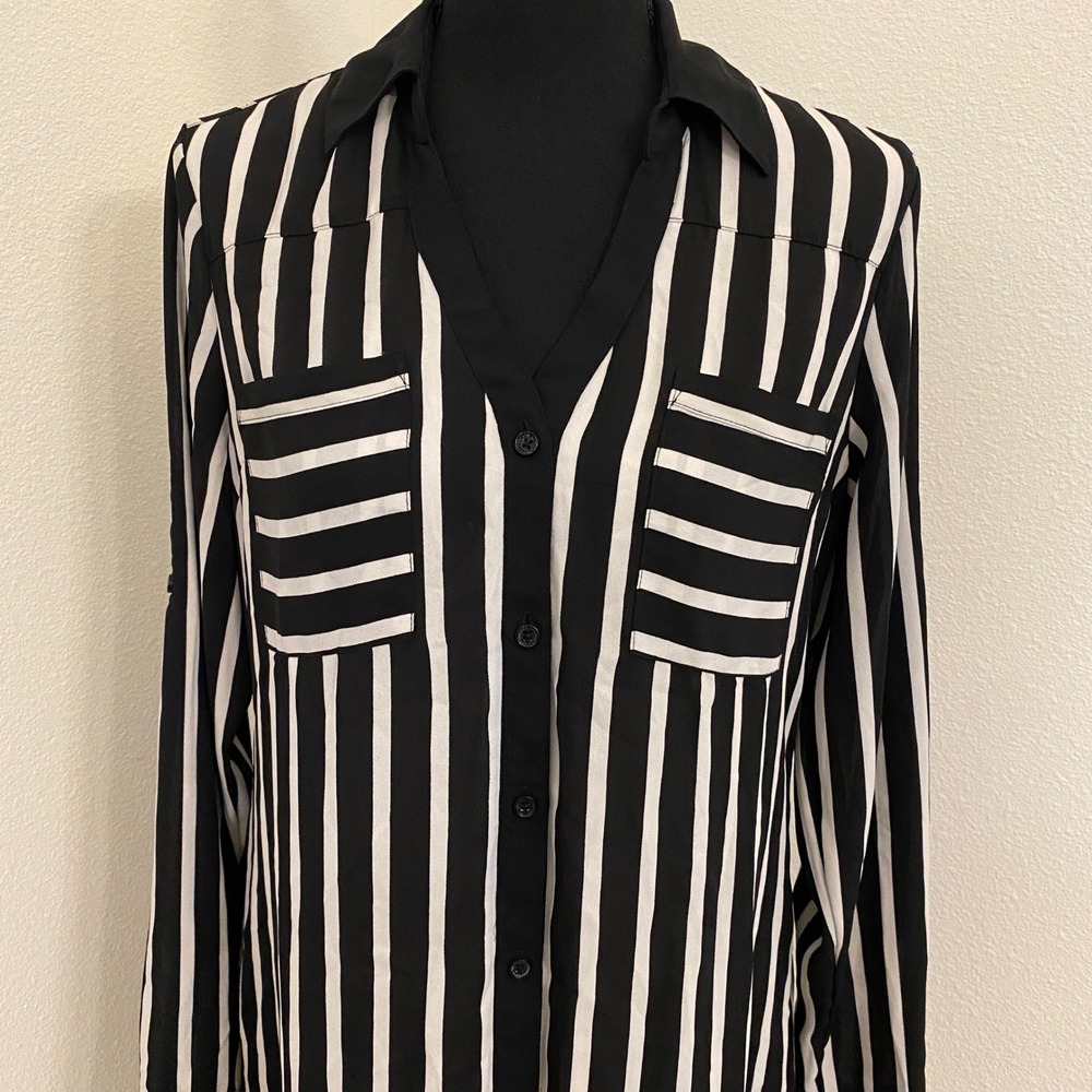 Express The Portofino Shirt Dress S Black White Striped Long Roll Tab Sleeve - Picture 6 of 14